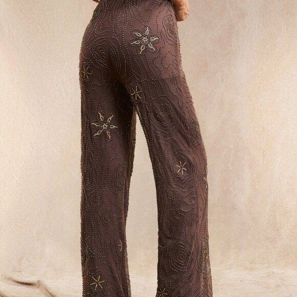 Brown Boho Women's Seaside Trousers with Floral Sequins - Picture 2 of 7